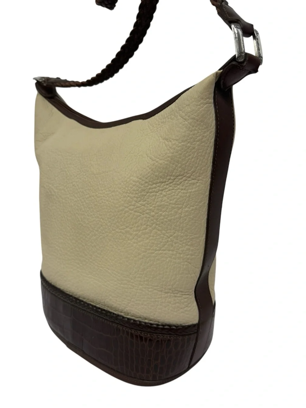 Vintage 1996 Brighton Beige Croc Leather Bucket Crossbody Purse w/Braided Strap